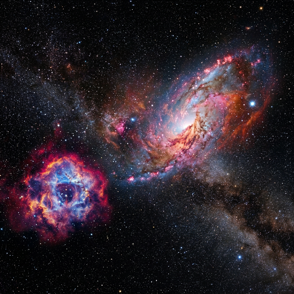 Colorful nebulae and bright spiral galaxy surrounded by stars in space